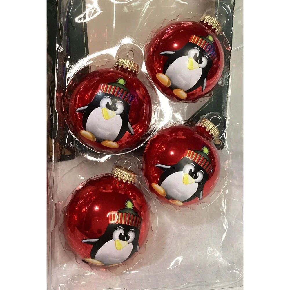 Krebs Glass Ornaments 8 Candy Apple Red Balls With Stocking Cap Penguin 2 Boxes